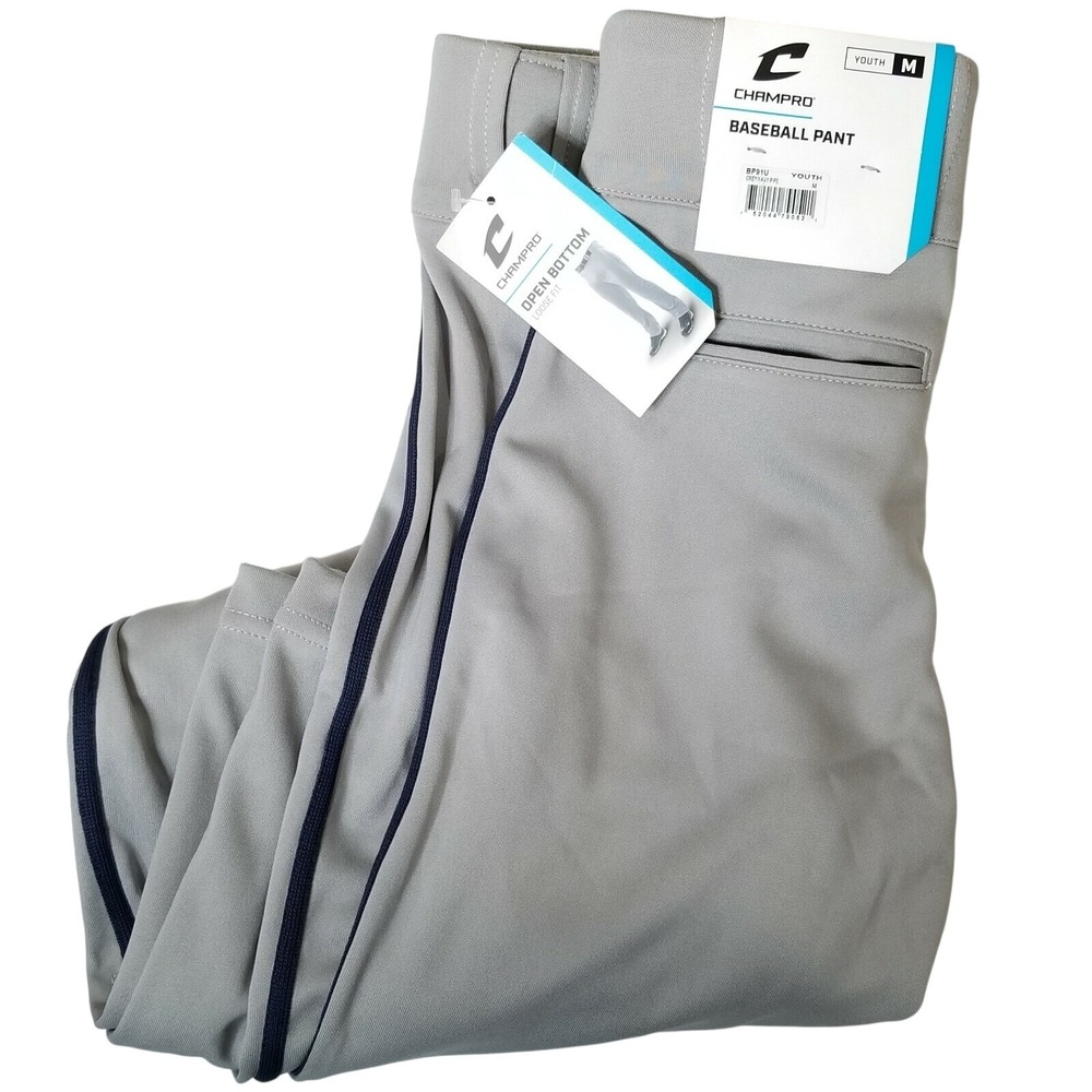 Champro Youth Medium Baseball Pants Grey Navy Piping‎ Open Bottom BP91U